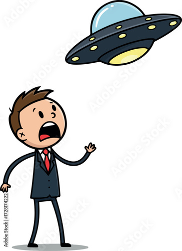Man in Suit Staring Up at a Flying Saucer in Amazement.