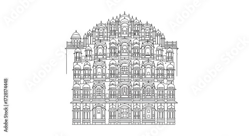 Intricate Line Art Illustration of a Famous Historic Indian Palace Facade, Showcasing Traditional Architectural Details and Cultural Heritage