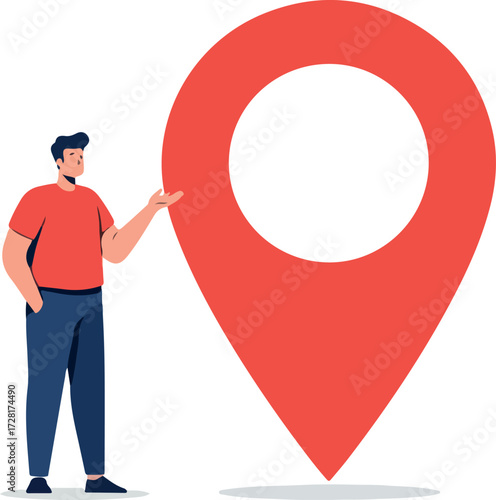 Man points at large location marker indicating place or destination.