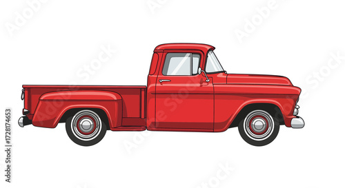 Side profile illustration of a classic red pickup truck, vintage farm vehicle design, isolated on a white background