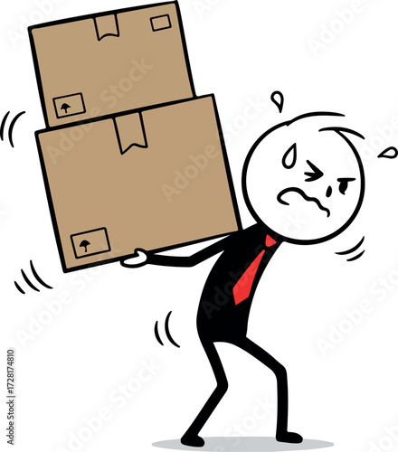 Man struggling to carry heavy boxes showing physical strain and effort.