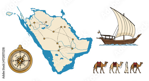 Vector illustration of Saudi Arabia map with travel icons compass, traditional boat, and camel caravan