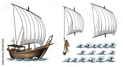 A vector collection of historical maritime elements including an Arabian dhow boat, a traditional pearl diver, and sea waves