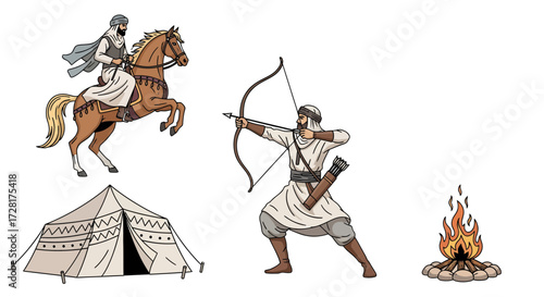 Arabic warrior, horseman, archer, desert tent, and campfire vector set. Depicts ancient Middle Eastern nomadic culture and historical life