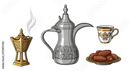 Vector illustrations depicting traditional Arabic hospitality. Includes a Dallah coffee pot, Finjan cup, Mabkhara incense burner, and dates, representing Middle Eastern culture and customs