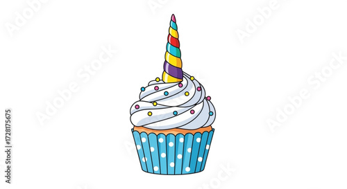A whimsical unicorn cupcake, featuring a colorful horn, white frosting, and rainbow sprinkles for a magical treat