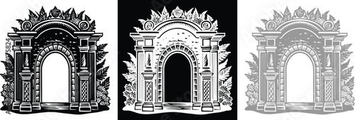 Elegant architectural archway design with floral accents in classic black, white, and grey palettes offers timeless appeal for invitations and designs
