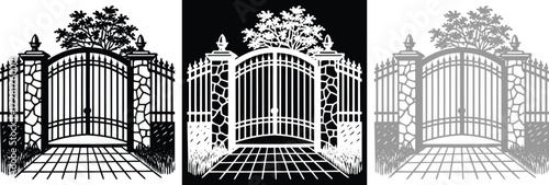 Elegant wrought iron gates with stone pillars and a tree in black white and gray create a feeling of entering a private estate or garden