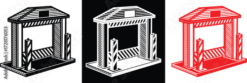 Striking toll booth design in black, white, and red, perfect for transportation or architectural projects with a modern, minimalist feel
