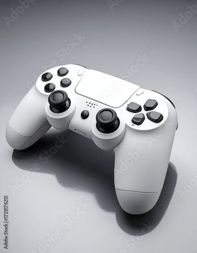 Sleek, white gaming controller angled on a neutral background, showcasing its ergonomic design and buttons
