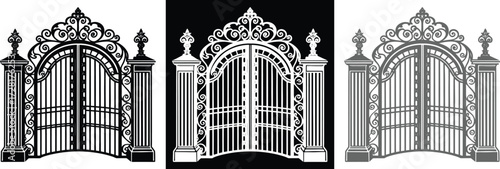 Elegant wrought iron gate designs showcasing classic architectural styles in black, white, and grey, perfect for historical or luxury themes