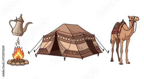 A vector set of Bedouin desert life elements with a camel, tent, campfire, and traditional Arabic coffee pot isolated on white background