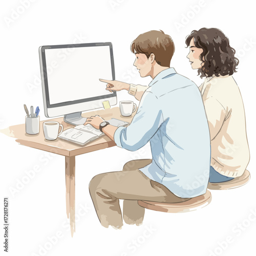 Watercolor Office and Work from Home Scenes – People Working at Desks, Minimalist White Background