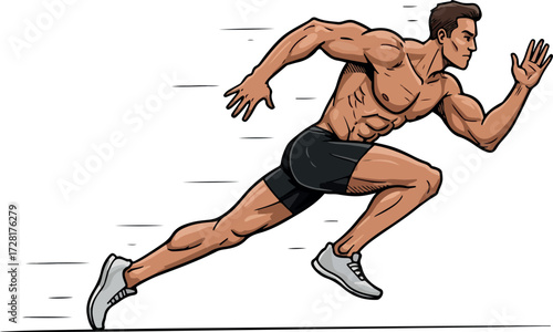 Muscular athlete sprints forward with determination and speed in motion.