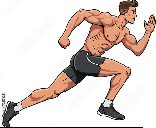Muscular man sprinting with determination and focus on track.