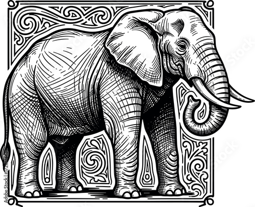 PrintOld vintage safari wildlife art of African elephant in decorative engraving style