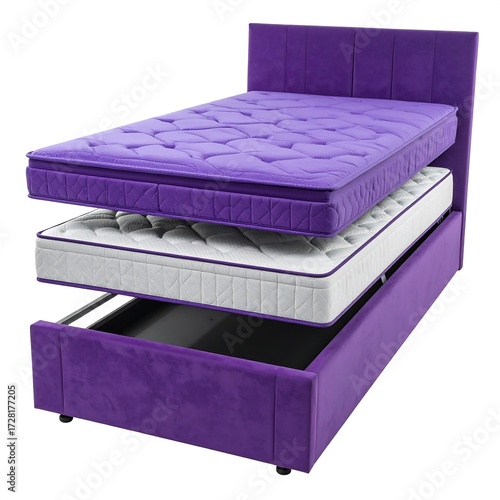 Purple bed with layered mattresses