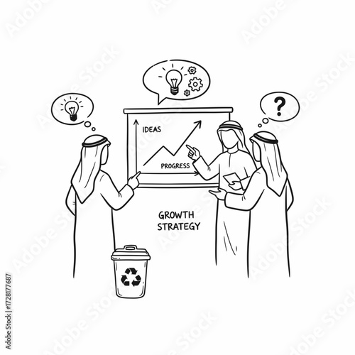 Three Arab men discuss ideas and progress presented on a board, with a trash can symbolizing discarded strategies.