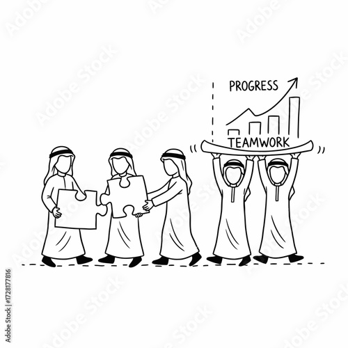 Four Arab men collaborate to complete a jigsaw puzzle while others raise a "teamwork" sign, symbolizing progress.
