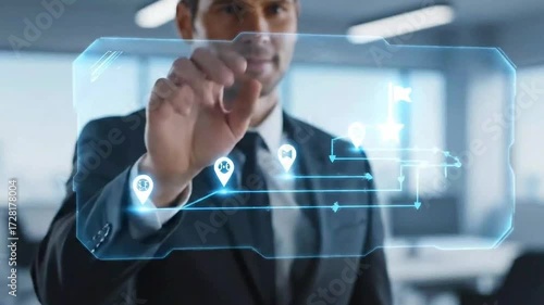 Touch a virtual screen with a roadmap overlay representing the steps in a project or strategic planning process. Business and Project Roadmap Concept. Waypoint icons and ending with goal achievement.
