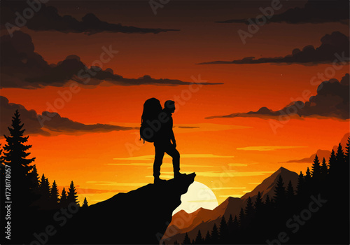 Silhouette of a hiker with a backpack standing on a cliff edge, gazing at the sunset over mountains and trees.