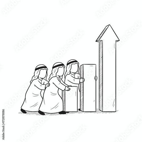 Three figures in traditional attire pushing a block to form an upward arrow, symbolizing growth.