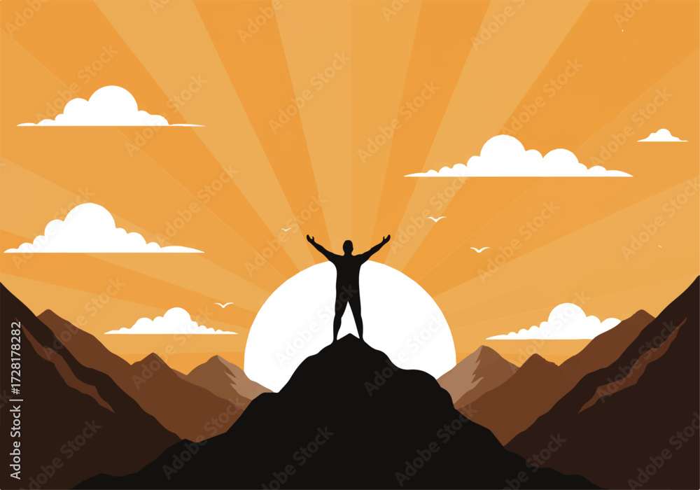 Φωτογραφία Silhouette of a person standing atop a mountain peak with arms raised, celebrating success against a backdrop of a rising sun and clouds