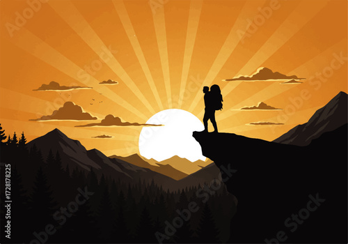 Silhouette of a hiker with a backpack standing on a cliff edge, overlooking a mountain range at sunset.