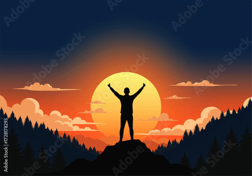 Silhouette of a person standing atop a mountain with arms raised, celebrating success against a vibrant sunset backdrop.
