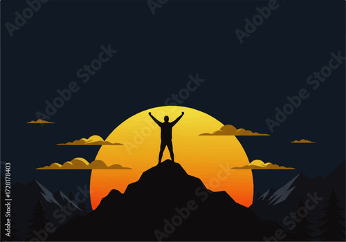 Silhouette of a person standing on a mountain peak with arms raised against a large setting sun and cloudy sky.