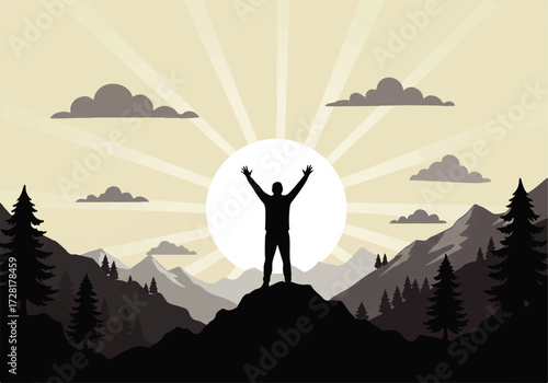 Silhouette of a person standing on a mountain peak with arms raised, facing a radiant sun, surrounded by mountains, trees, and clouds.