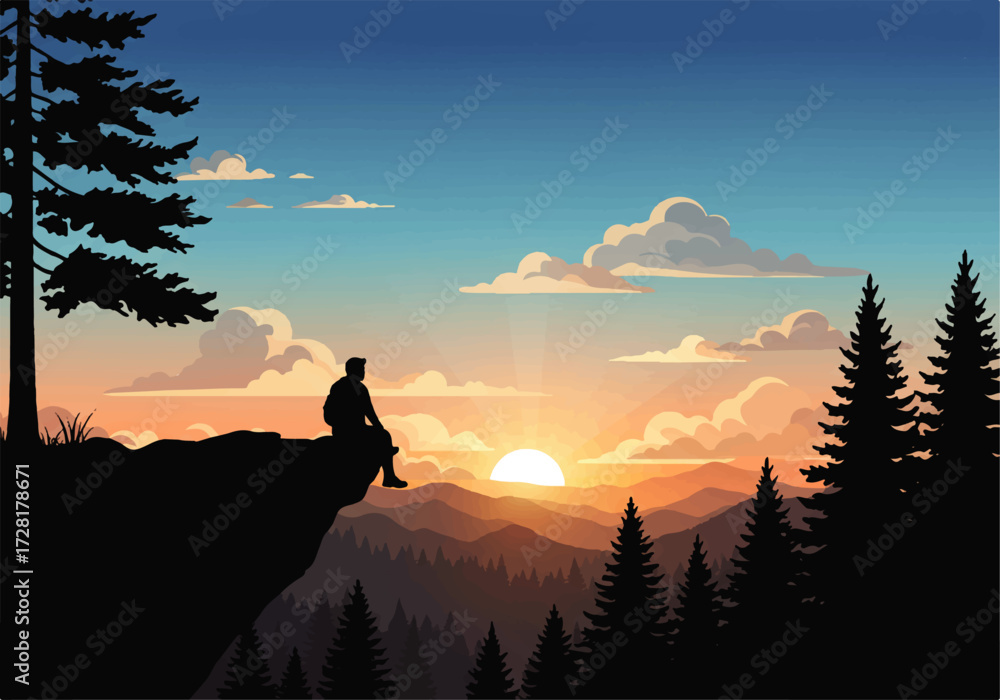 Fototapeta premium A lone figure sits on a cliff edge, silhouetted against a vibrant sunset over a mountainous landscape with trees and clouds.
