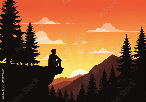 Silhouette of a man sitting on a cliff edge, gazing at the sun rising over mountains and a forest landscape.