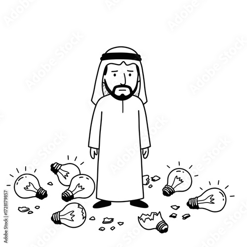 A sad man in traditional attire surrounded by broken light bulbs, symbolizing failed ideas.