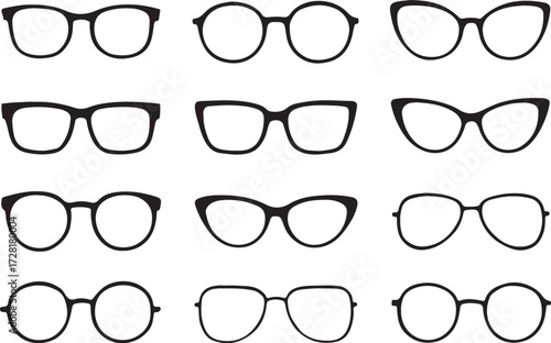 PrintCollection of diverse hand drawn eyeglasses frames on a white background