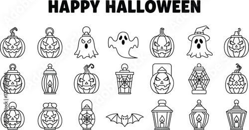 Happy halloween vector illustration with pumpkin lantern and ghost characters for halloween celebration