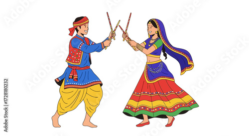 Vibrant illustration of a Dandiya Raas dance performance during Navratri celebrations, suitable for cultural events, educational materials, and festival promotions.