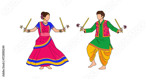 Vibrant Garba Dance Illustration Featuring Dancers in Traditional Attire, Perfect for Celebrating Navratri Festival and Promoting Indian Culture.