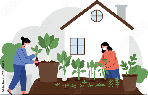 People gardening in front of a house with plants and vegetables.
