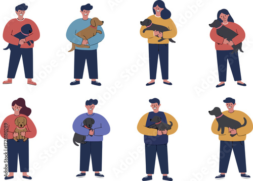 People holding dogs in various poses showcasing pet ownership and companionship.