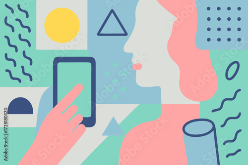 Stylized illustration of a person interacting with a smartphone amidst abstract geometric shapes and pastel colors.