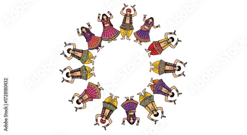 Vibrant illustration of Indian Garba dancers in circular formation, perfect for cultural event promotions and ethnic design projects