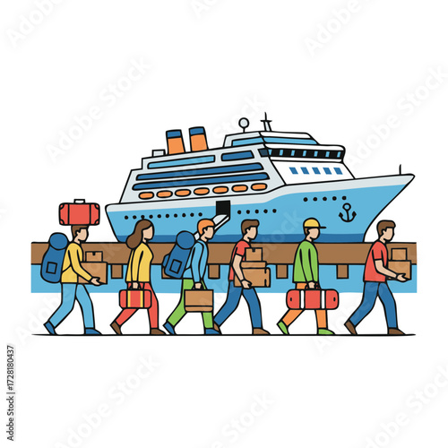 Illustration of ship passengers queuing at the port. Isolated on a white background.