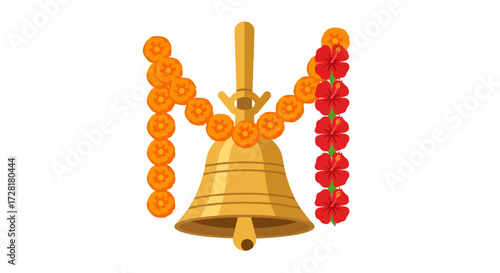 Golden Temple Bell Illustration with Floral Garland, Ideal for Diwali, Weddings, and Hindu Cultural Celebrations, enhancing festive invitations and religious decorations.
