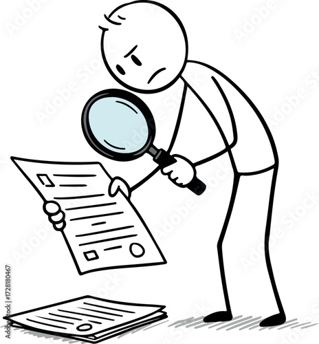 Person carefully examining documents with magnifying glass for detailed analysis and review.