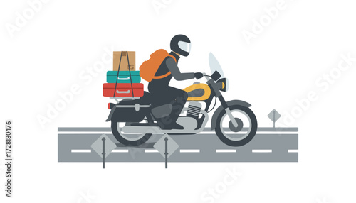 Illustration of a homecoming traveler using a motorbike carrying lots of things. With a white background.