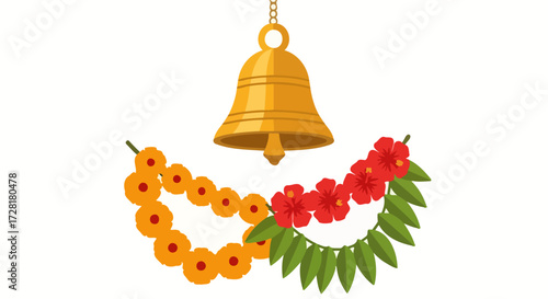 Festive Golden Bell and Floral Garland Illustration for Cultural Celebrations, Religious Events, and Decorative Design Projects in Holiday Season