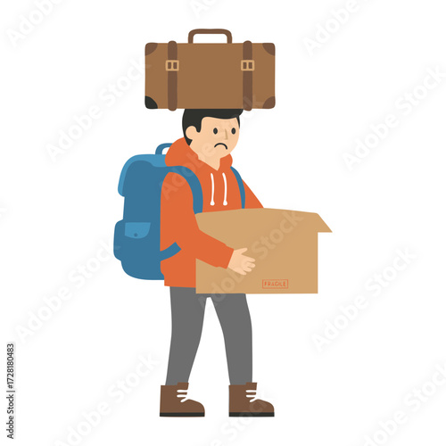 Illustration of travelers carrying suitcases and cardboard boxes back to their hometowns. Isolated on a white background.