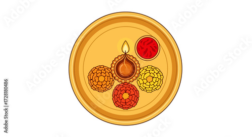 Festive Diwali Thali Illustration Featuring a Lit Diya, Sweets and Kumkum, Ideal for Depicting Diwali Celebrations, Invitations and Cultural Events