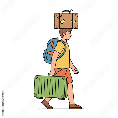 Illustration of travelers carrying suitcases and cardboard boxes back to their hometowns. Isolated on a white background.